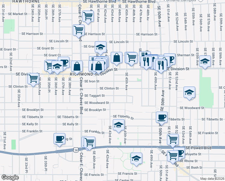 map of restaurants, bars, coffee shops, grocery stores, and more near 4318 Southeast Taggart Street in Portland
