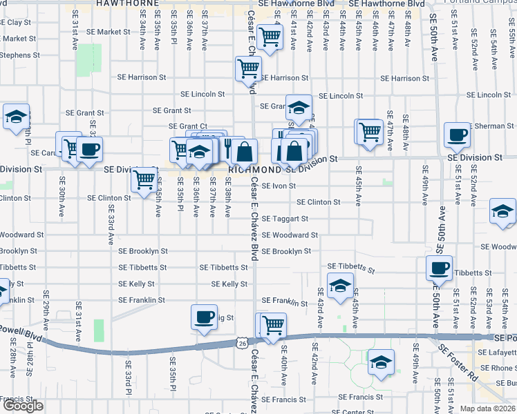 map of restaurants, bars, coffee shops, grocery stores, and more near 3926 Southeast Taggart Street in Portland