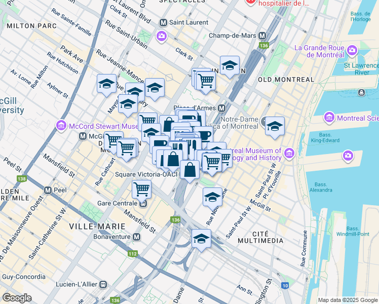 map of restaurants, bars, coffee shops, grocery stores, and more near in Montreal