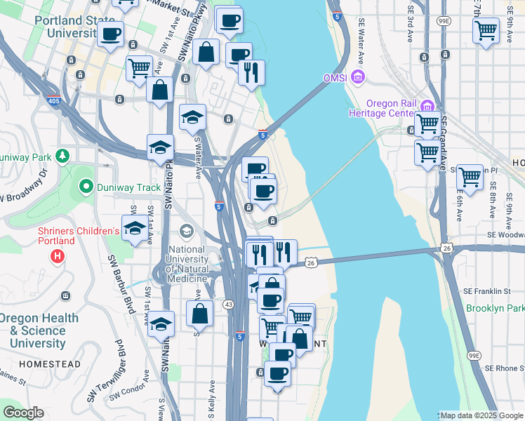 map of restaurants, bars, coffee shops, grocery stores, and more near 2730 Southwest Moody Avenue in Portland