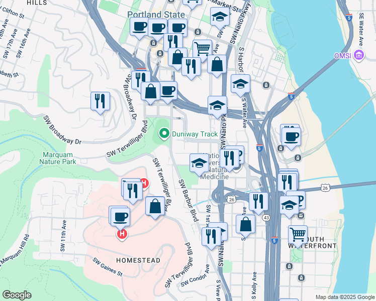 map of restaurants, bars, coffee shops, grocery stores, and more near 245 Southwest Meade Street in Portland