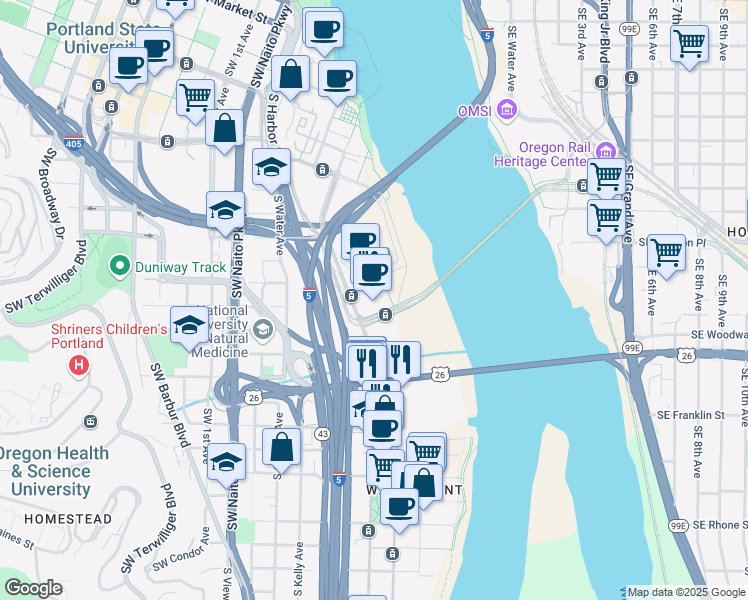 map of restaurants, bars, coffee shops, grocery stores, and more near 2730 Southwest Moody Avenue in Portland