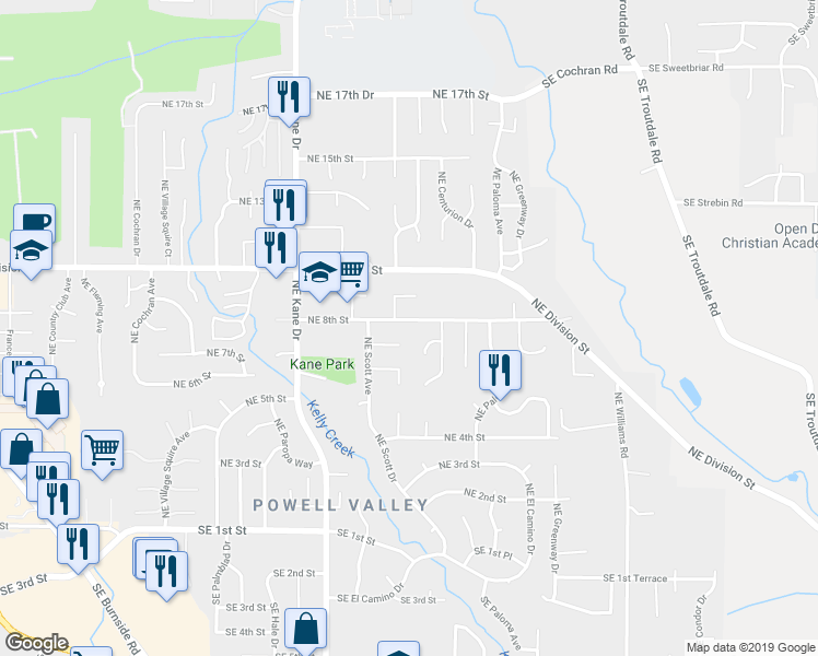 map of restaurants, bars, coffee shops, grocery stores, and more near 3670 Northeast 8th Street in Gresham