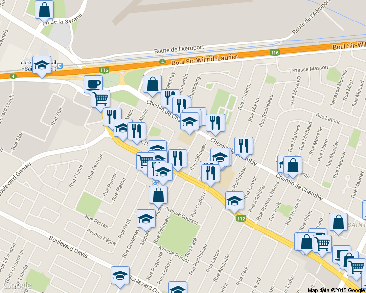 map of restaurants, bars, coffee shops, grocery stores, and more near 2660 Rue Duvernay in Longueuil