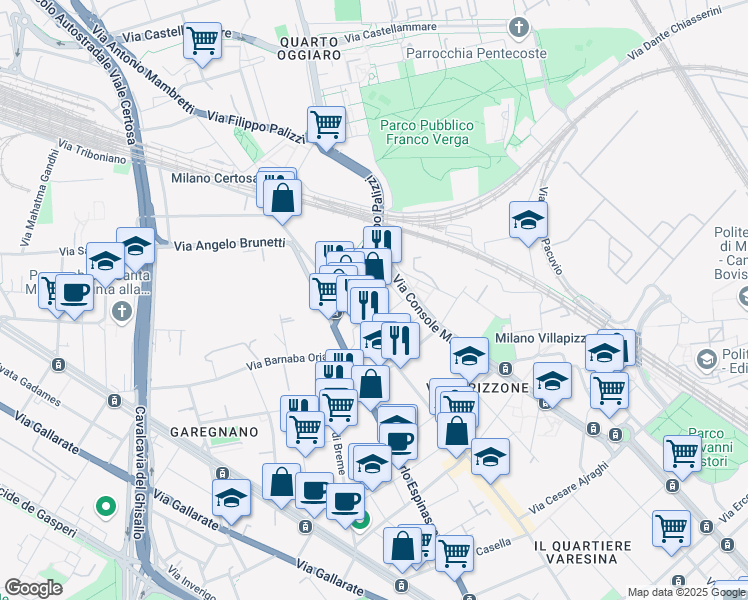 map of restaurants, bars, coffee shops, grocery stores, and more near 158 Via Varesina in Milano
