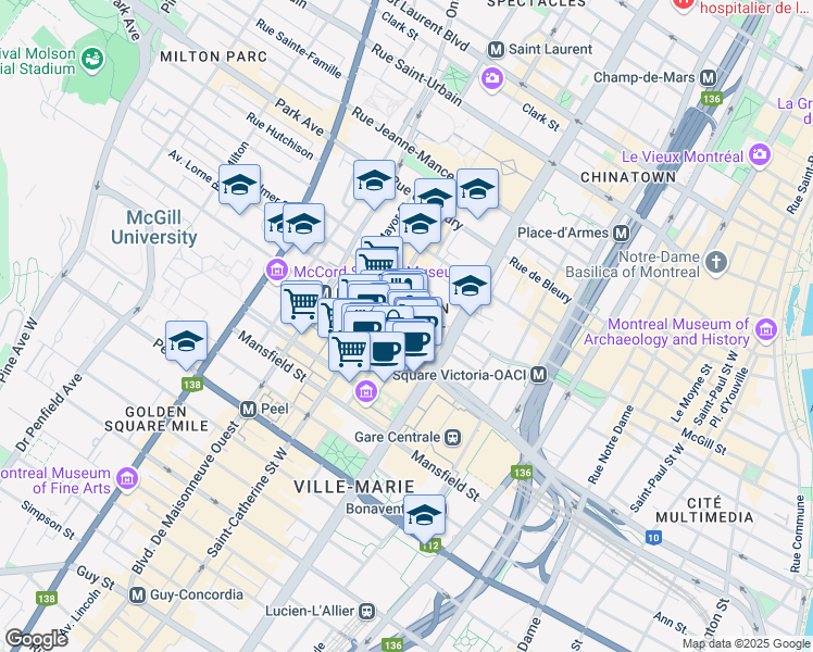 map of restaurants, bars, coffee shops, grocery stores, and more near 670 Sainte-Catherine Ouest in Montréal