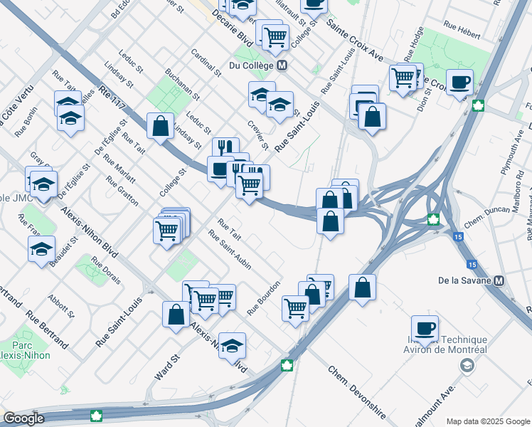 map of restaurants, bars, coffee shops, grocery stores, and more near 250 Boulevard Marcel-Laurin in Montréal