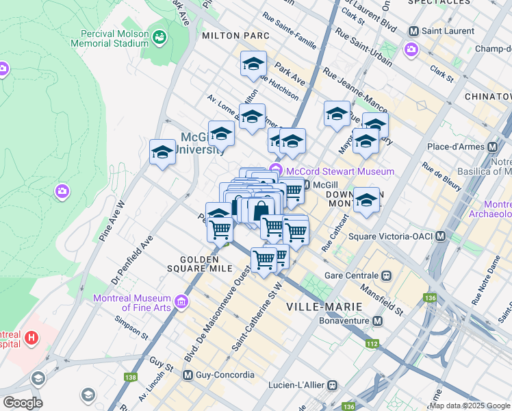 map of restaurants, bars, coffee shops, grocery stores, and more near 900 Sherbrooke Street West in Montreal