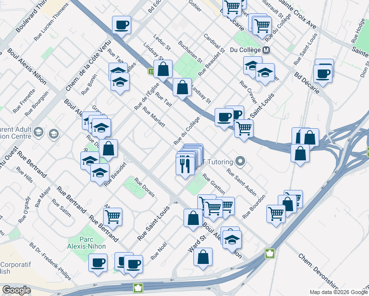map of restaurants, bars, coffee shops, grocery stores, and more near 570 Rue Marlatt in Montréal