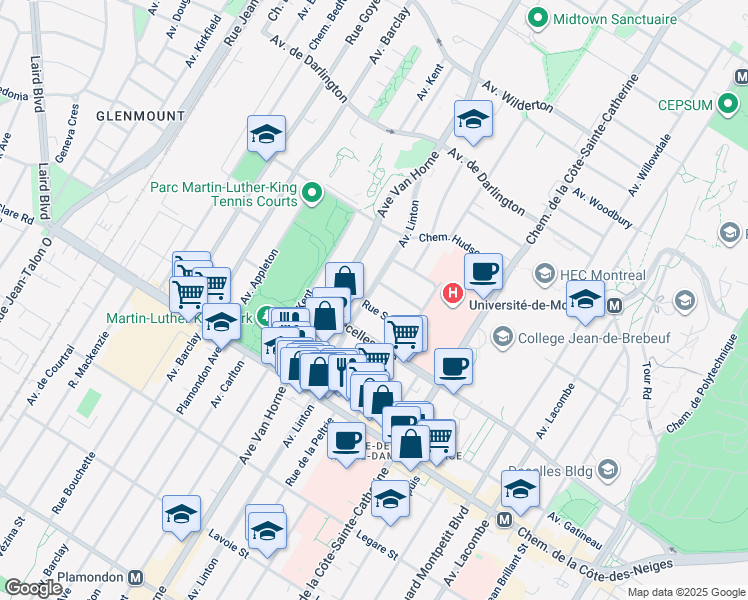 map of restaurants, bars, coffee shops, grocery stores, and more near 5985 Rue Souart in Montréal