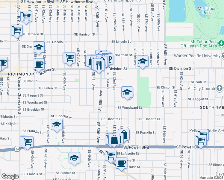map of restaurants, bars, coffee shops, grocery stores, and more near 5132 Southeast Clinton Street in Portland