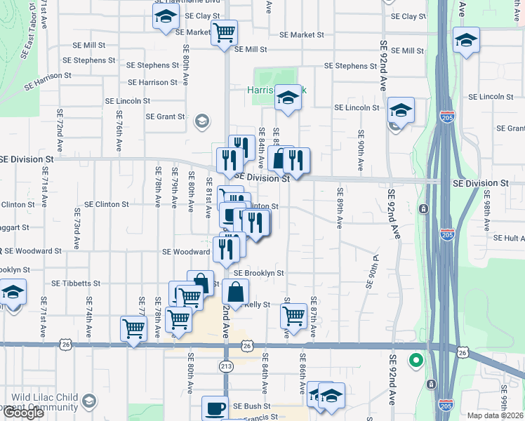 map of restaurants, bars, coffee shops, grocery stores, and more near 2771 Southeast 84th Avenue in Portland