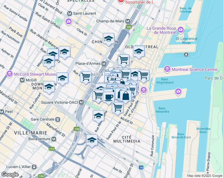 map of restaurants, bars, coffee shops, grocery stores, and more near 202 Rue Saint-Jean in Montréal