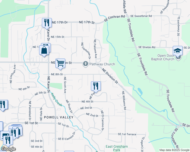 map of restaurants, bars, coffee shops, grocery stores, and more near 649 Northeast Paloma Avenue in Gresham