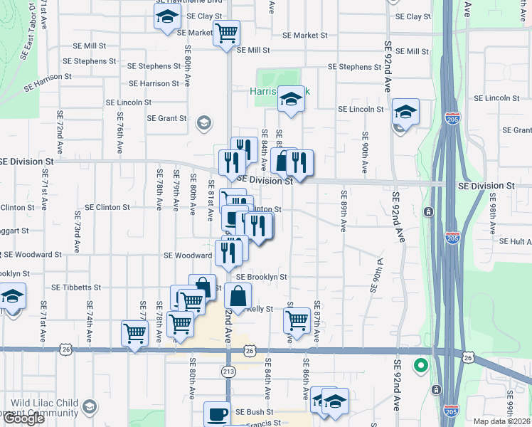 map of restaurants, bars, coffee shops, grocery stores, and more near 2771 Southeast 84th Avenue in Portland