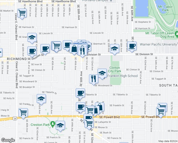 map of restaurants, bars, coffee shops, grocery stores, and more near 2820 Southeast 51st Avenue in Portland