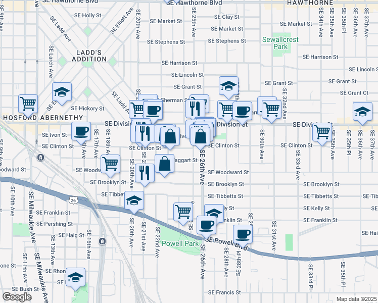 map of restaurants, bars, coffee shops, grocery stores, and more near 2346 Southeast Taggart Street in Portland