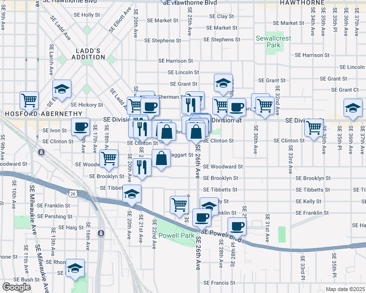 map of restaurants, bars, coffee shops, grocery stores, and more near 2346 Southeast Taggart Street in Portland