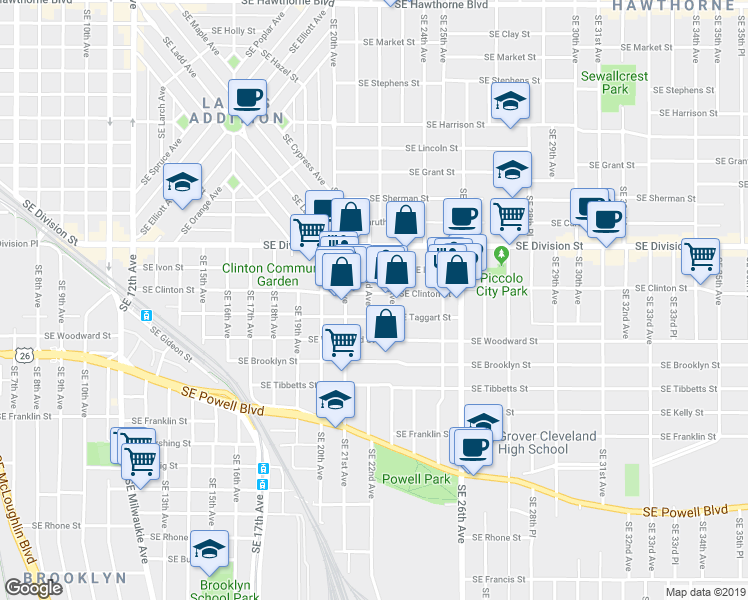 map of restaurants, bars, coffee shops, grocery stores, and more near 2226 Southeast Taggart Street in Portland