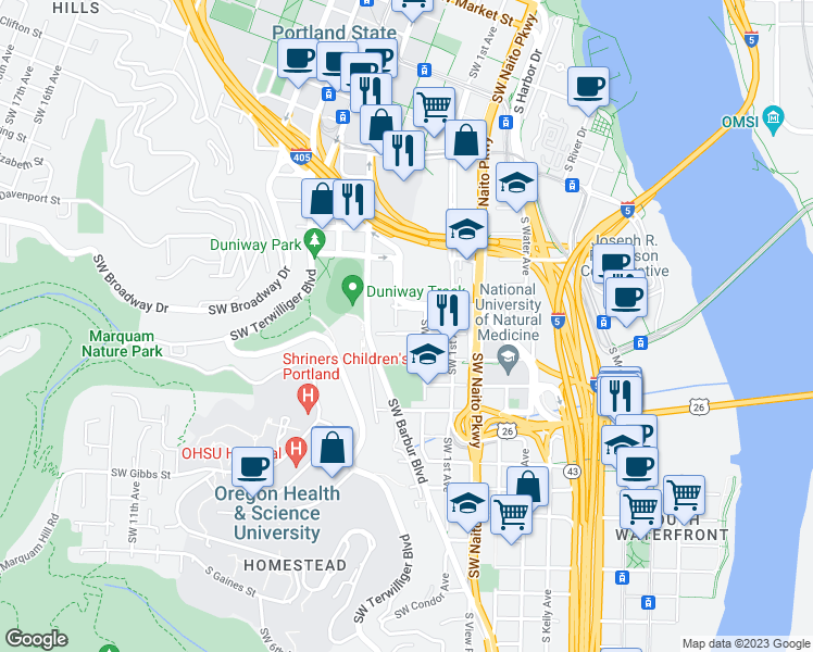 map of restaurants, bars, coffee shops, grocery stores, and more near 235 South Hooker Street in Portland