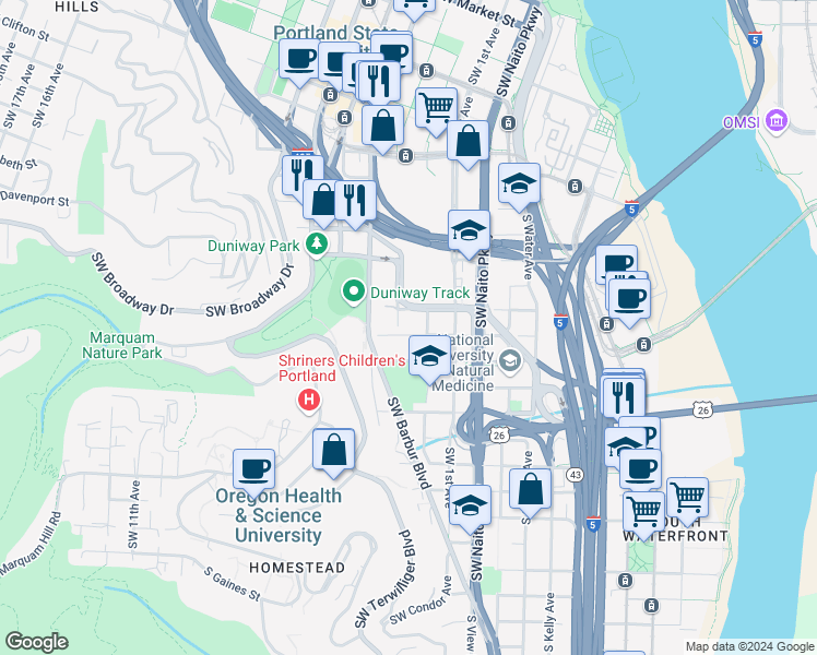 map of restaurants, bars, coffee shops, grocery stores, and more near 235 South Hooker Street in Portland
