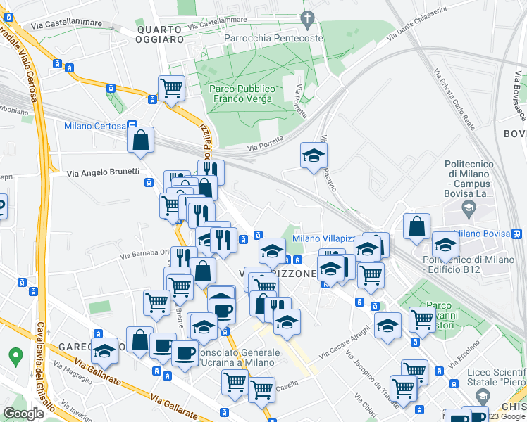 map of restaurants, bars, coffee shops, grocery stores, and more near Via Brivio in Milan
