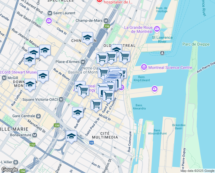map of restaurants, bars, coffee shops, grocery stores, and more near 432 Rue Saint François Xavier in Montréal