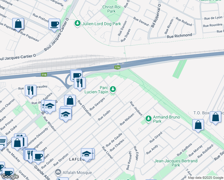 map of restaurants, bars, coffee shops, grocery stores, and more near 3340 Rue Alexandra in Champlain