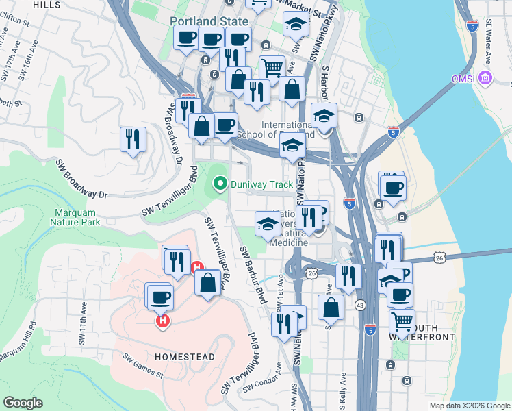 map of restaurants, bars, coffee shops, grocery stores, and more near 245 Southwest Meade Street in Portland