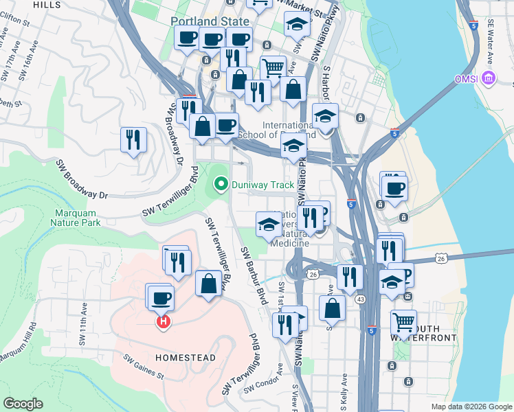 map of restaurants, bars, coffee shops, grocery stores, and more near 245 Southwest Meade Street in Portland