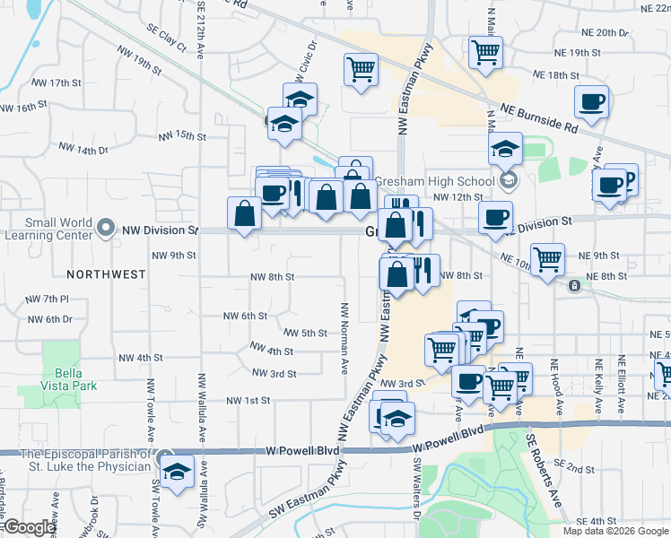 map of restaurants, bars, coffee shops, grocery stores, and more near 620 Northwest 8th Street in Gresham