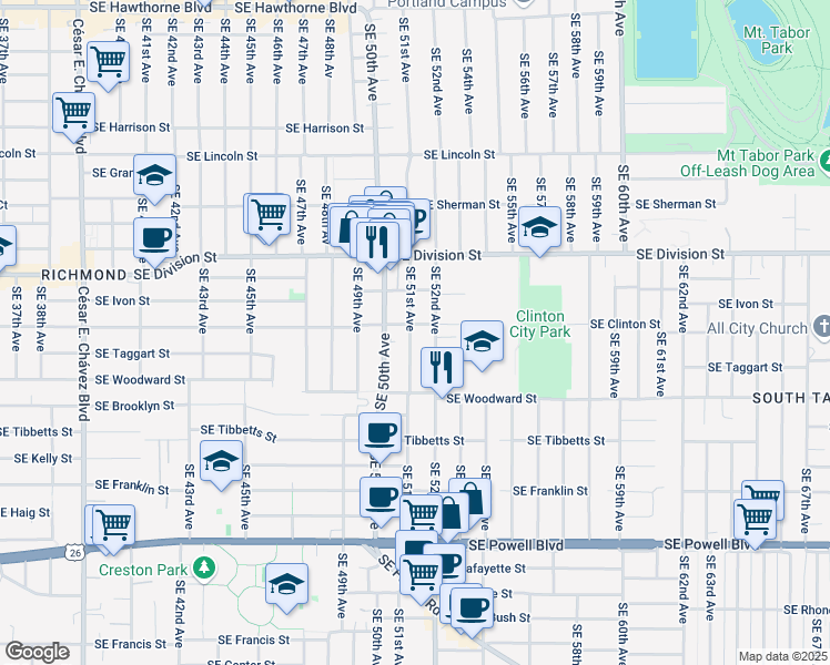 map of restaurants, bars, coffee shops, grocery stores, and more near 2820 Southeast 51st Avenue in Portland