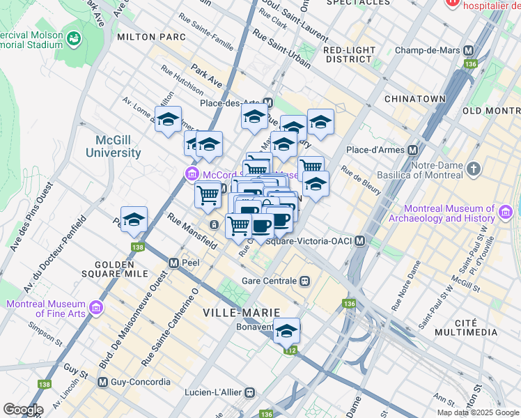 map of restaurants, bars, coffee shops, grocery stores, and more near in Montreal