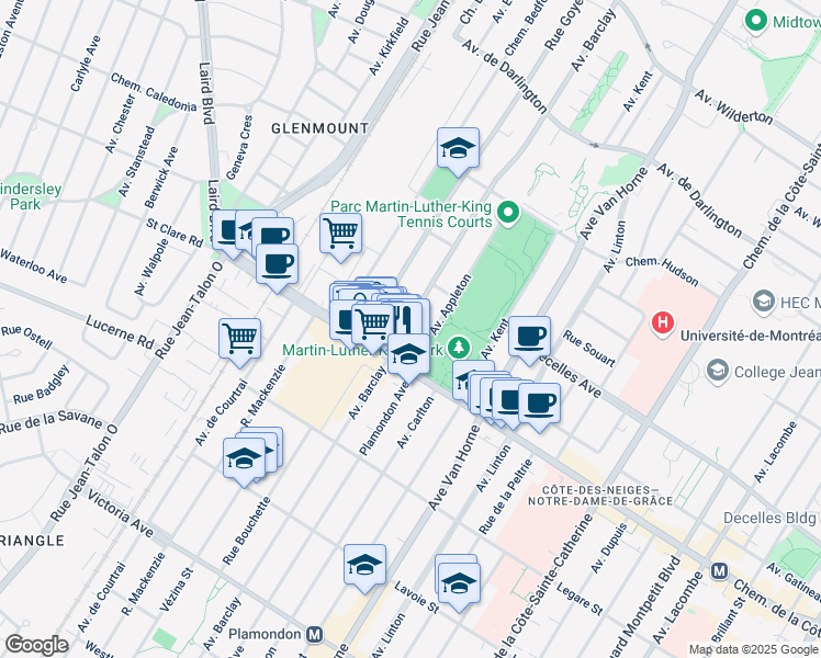 map of restaurants, bars, coffee shops, grocery stores, and more near 3420 Avenue Barclay in Montréal