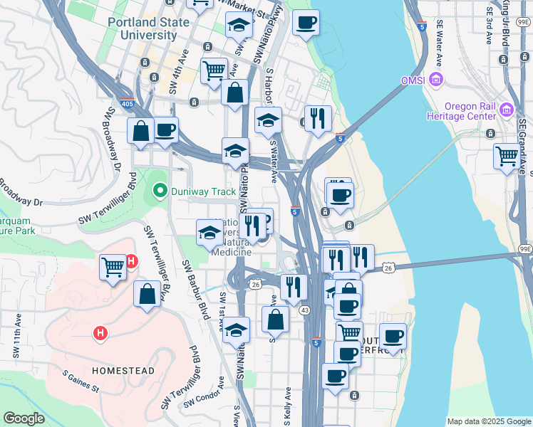 map of restaurants, bars, coffee shops, grocery stores, and more near 2826 South Kelly Avenue in Portland