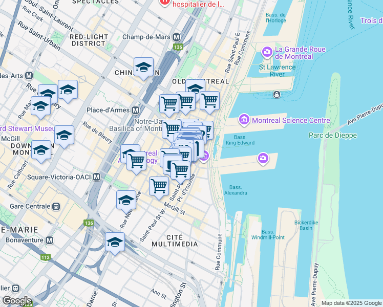 map of restaurants, bars, coffee shops, grocery stores, and more near 165 Rue Saint-Paul Ouest in Montréal
