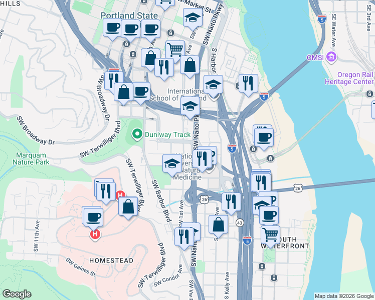 map of restaurants, bars, coffee shops, grocery stores, and more near 2825 Southwest 1st Avenue in Portland