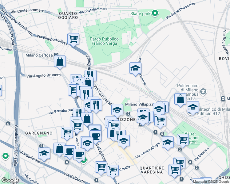 map of restaurants, bars, coffee shops, grocery stores, and more near Via Brivio in Milan