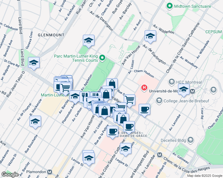 map of restaurants, bars, coffee shops, grocery stores, and more near 3290 Avenue Van Horne in Montréal