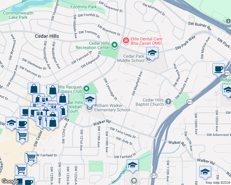 map of restaurants, bars, coffee shops, grocery stores, and more near 11665 Southwest Lynnridge Street in Portland