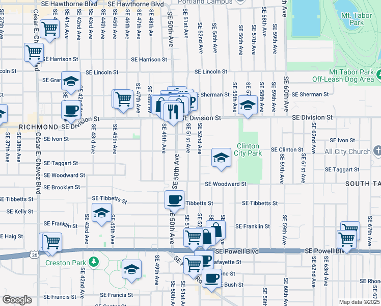map of restaurants, bars, coffee shops, grocery stores, and more near 5104 Southeast Clinton Street in Portland