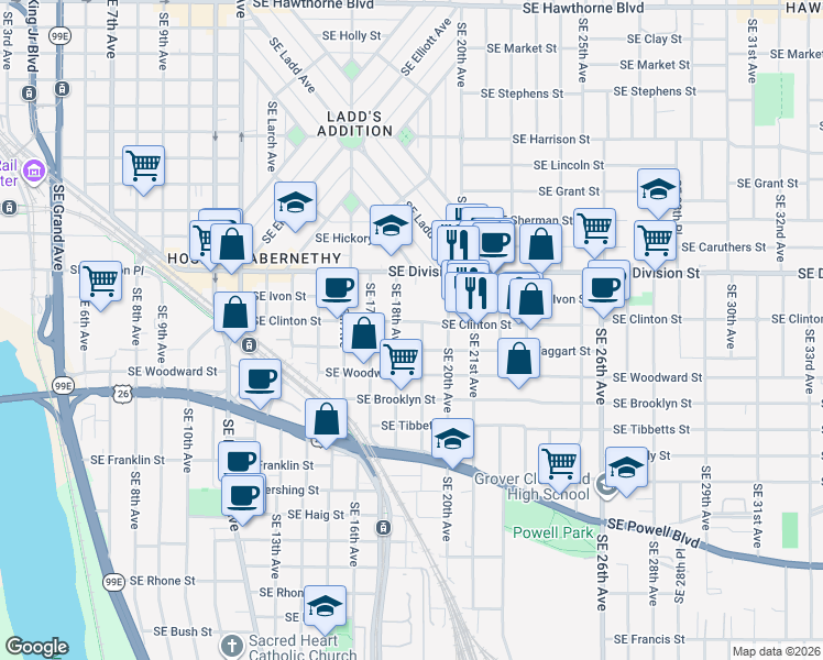 map of restaurants, bars, coffee shops, grocery stores, and more near 2614 Southeast 18th Avenue in Portland