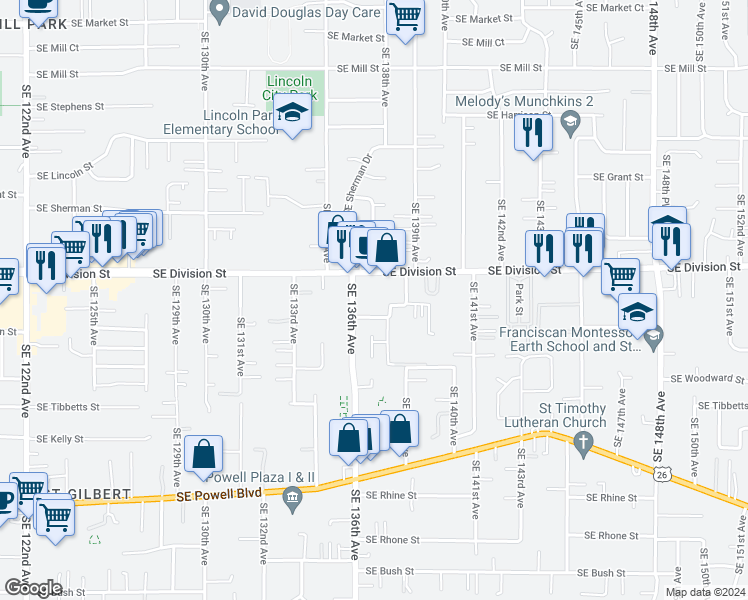 map of restaurants, bars, coffee shops, grocery stores, and more near 2560 Southeast 136th Avenue in Portland