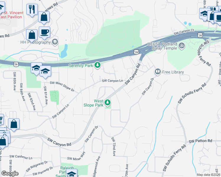 map of restaurants, bars, coffee shops, grocery stores, and more near 7200 Southwest Benz Park Drive in Portland