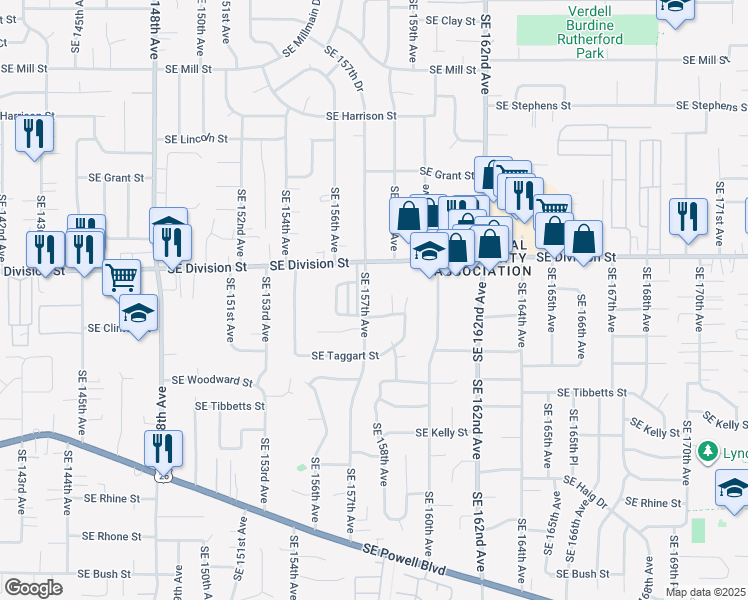 map of restaurants, bars, coffee shops, grocery stores, and more near 2628 Southeast 157th Avenue in Portland