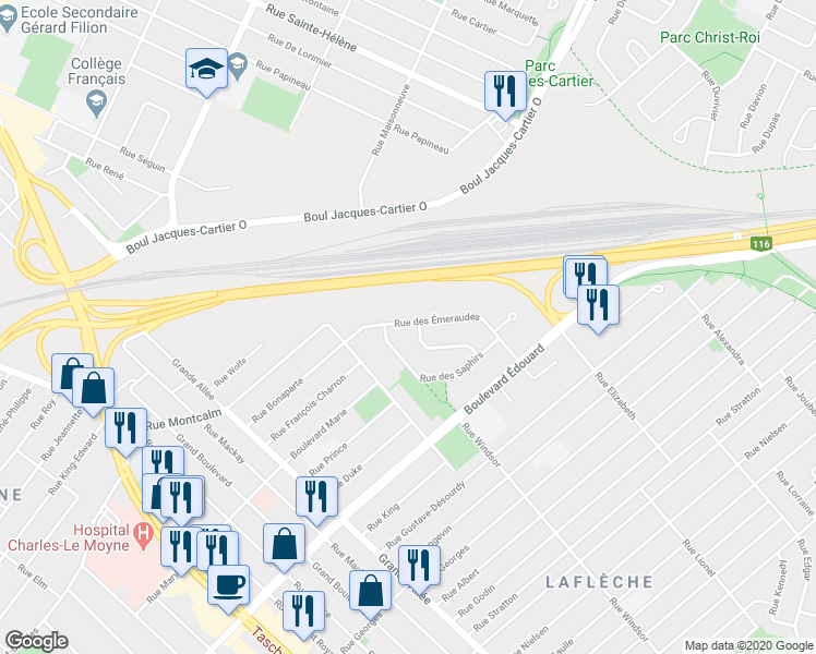 map of restaurants, bars, coffee shops, grocery stores, and more near 3056 Rue des Émeraudes in Longueuil
