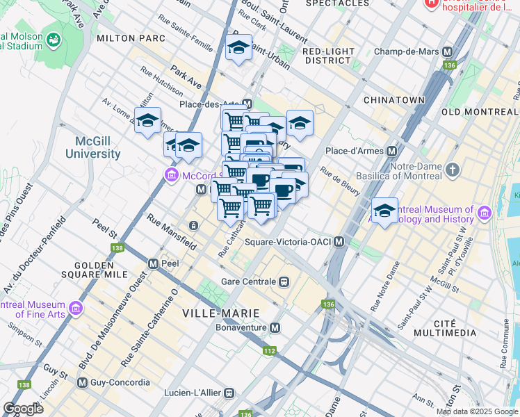 map of restaurants, bars, coffee shops, grocery stores, and more near 1221 Avenue Union in Montréal
