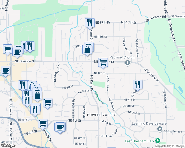 map of restaurants, bars, coffee shops, grocery stores, and more near 3240 Northeast 8th Street in Gresham