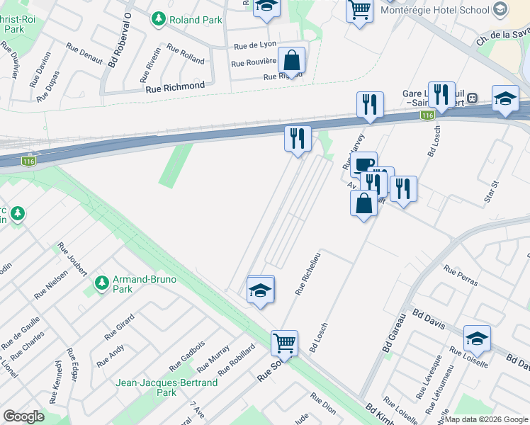 map of restaurants, bars, coffee shops, grocery stores, and more near 3950 Boulevard Sir-Wilfrid-Laurier in Longueuil