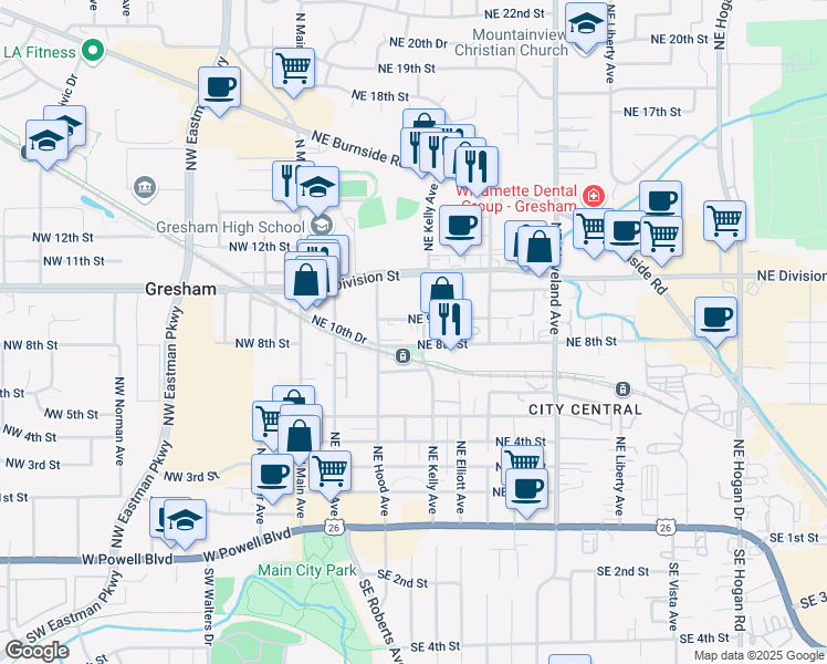 map of restaurants, bars, coffee shops, grocery stores, and more near 390 Northeast 9th Street in Gresham